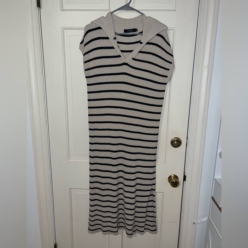 Black and Tan Striped Knit Midi Dress